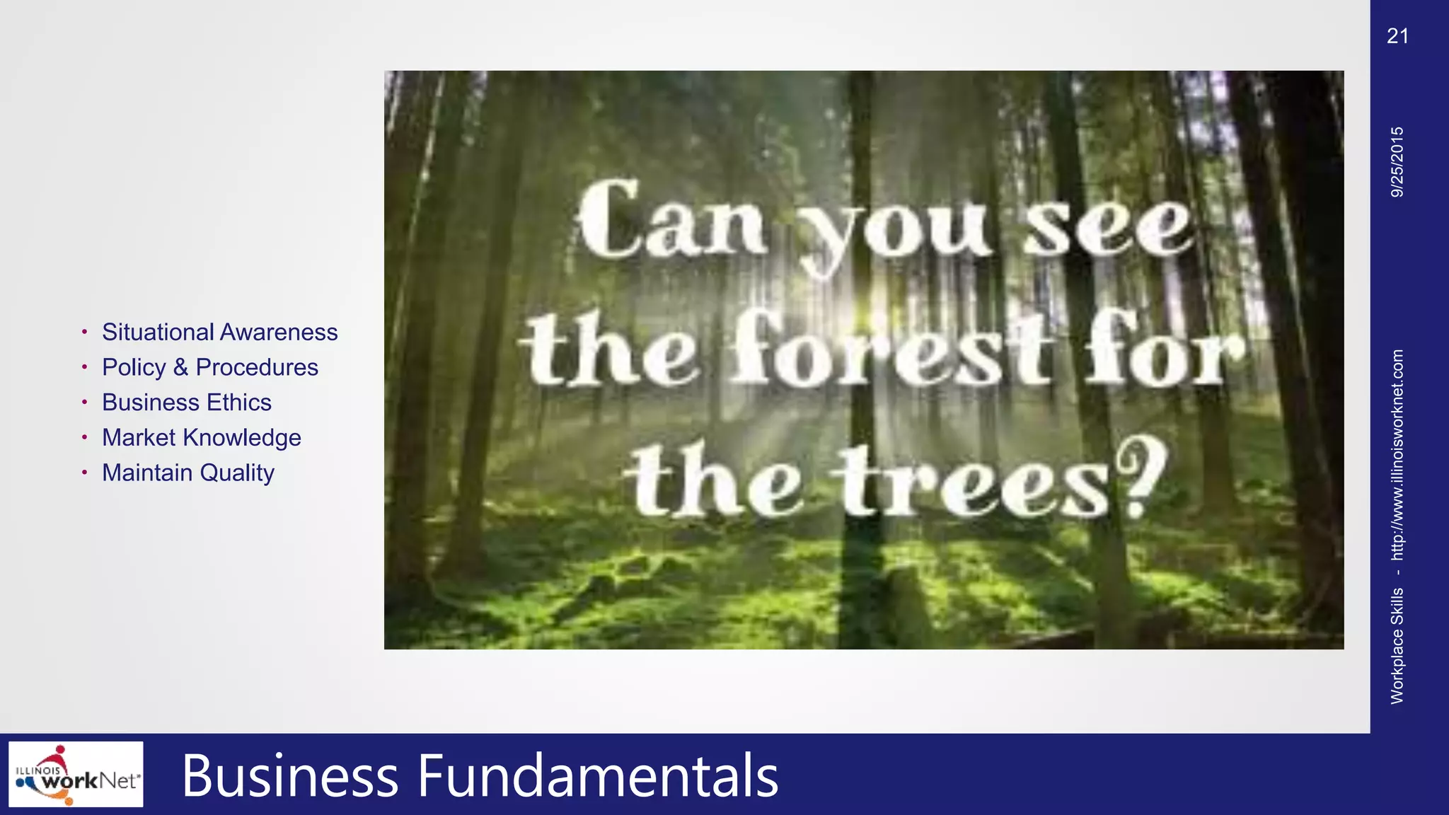 Business Fundamentals
 Situational Awareness
 Policy & Procedures
 Business Ethics
 Market Knowledge
 Maintain Quality
9/25/2015WorkplaceSkills-http://www.illinoisworknet.com
21
 