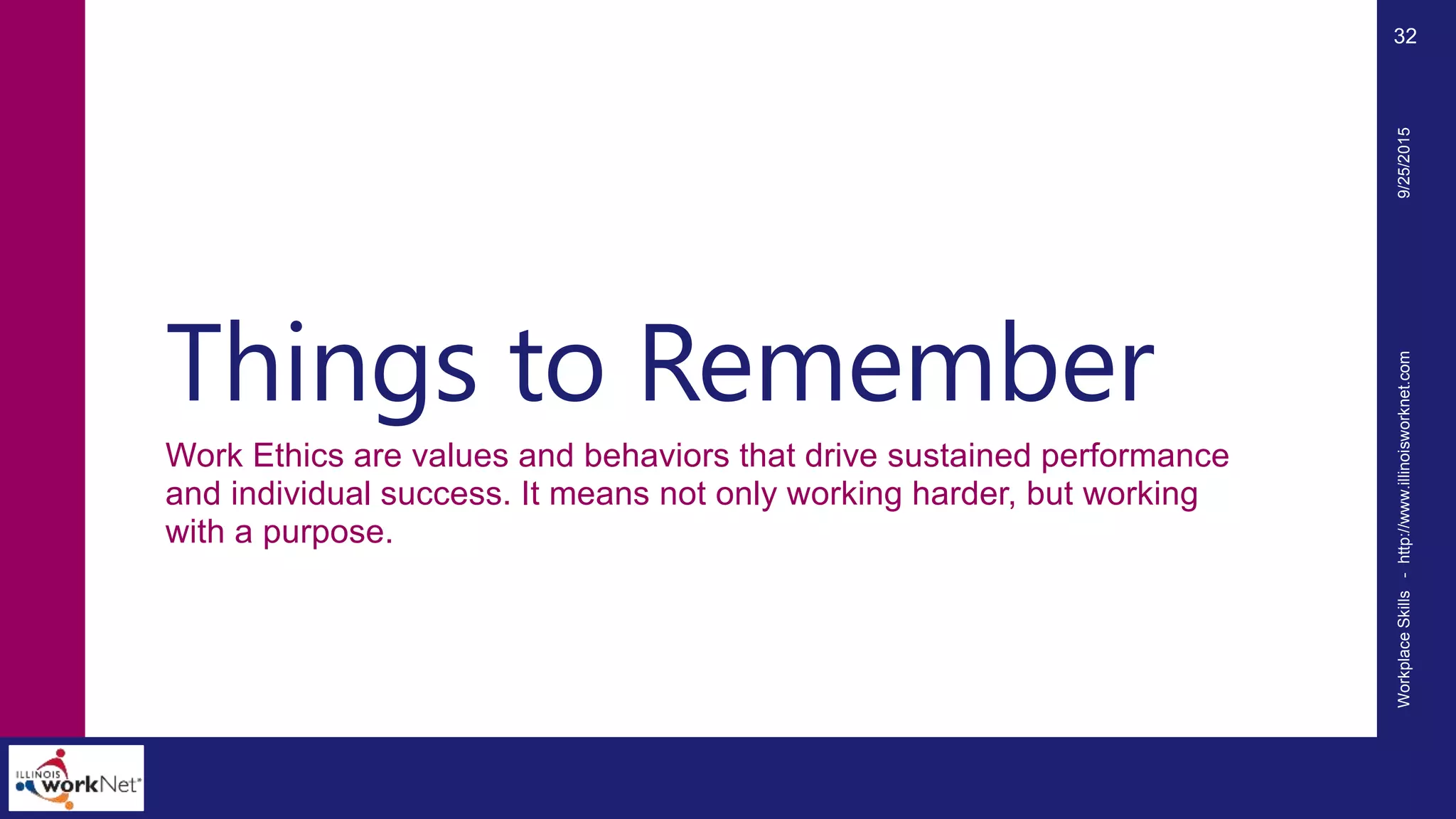 Things to Remember
Work Ethics are values and behaviors that drive sustained performance
and individual success. It means not only working harder, but working
with a purpose.
9/25/2015WorkplaceSkills-http://www.illinoisworknet.com
32
 