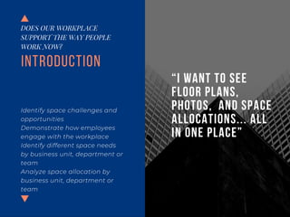 Introduction
Identify space challenges and
opportunities
Demonstrate how employees
engage with the workplace
Identify different space needs
by business unit, department or
team
Analyze space allocation by
business unit, department or
team
DOES OUR WORKPLACE
SUPPORT THE WAY PEOPLE
WORK NOW?
“I WANT TO SEE
FLOOR PLANS,
PHOTOS, AND SPACE
ALLOCATIONS... ALL
IN ONE PLACE”
 