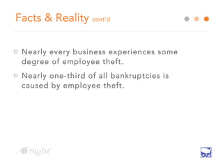Facts & Reality cont’d
o Nearly every business experiences some
degree of employee theft.
o Nearly one-third of all bankruptcies is
caused by employee theft.
 