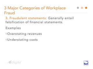 3. Fraudulent statements: Generally entail
falsification of financial statements.
Examples
oOverstating revenues
oUnderstating costs
3 Major Categories of Workplace
Fraud
 
