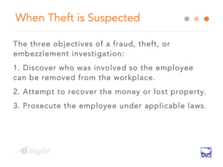 When Theft is Suspected
The three objectives of a fraud, theft, or
embezzlement investigation:
1. Discover who was involved so the employee
can be removed from the workplace.
2. Attempt to recover the money or lost property.
3. Prosecute the employee under applicable laws.
 