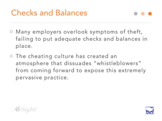 Checks and Balances
o Many employers overlook symptoms of theft,
failing to put adequate checks and balances in
place.
o The cheating culture has created an
atmosphere that dissuades “whistleblowers”
from coming forward to expose this extremely
pervasive practice.
 