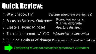 1. Why Shadow IT?
2. Focus on Business Outcomes
3. Create a Hybrid Mindset
4. The role of tomorrow’s CIO
5. Building a culture of change
Quick Review:
Technology agnostic,
Business diagnostic
Appstore thinking
Information -> Innovation
Because employees are doing it
Competing to remain relevant to tomorrow’s customers
Predictive -> Adaptive thinking
 
