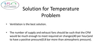 Solution for Temperature
Problem
• Ventilation is the best solution.
• The number of supply and exhaust fans should be such that the CFM
would be much enough to meet required air changes(40 per hour)and
to have a positive pressure(0.8 bar more than atmospheric pressure).
 