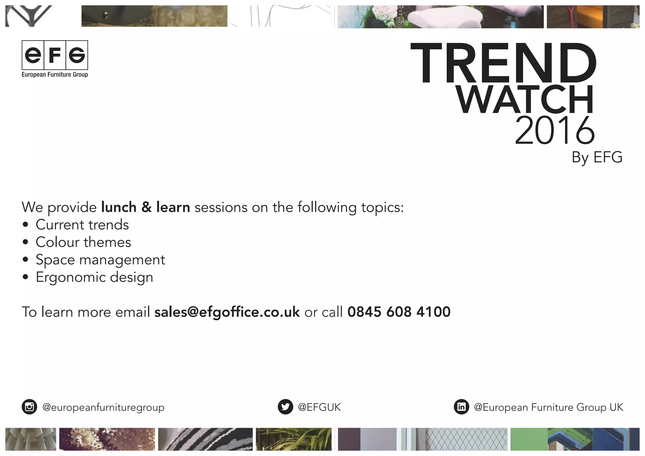 By EFG
WATCH
2016
TREND
WATCH
By EFG
WATCH
2016
TREND
We provide lunch & learn sessions on the following topics:
•	 Current trends
•	 Colour themes
•	 Space management
•	 Ergonomic design
To learn more email sales@efgoffice.co.uk or call 0845 608 4100
@EFGUK @European Furniture Group UK@europeanfurnituregroup
 