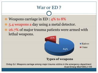 War or ED ?

 Weapons carriage in ED : 4% to 8%
 5.4 weapons a day using a metal detector.
 26.7% of major trauma patients were armed with
  lethal weapons.




Ordog GJ: Weapons carriage among major trauma victims in the emergency department.
                                                        Acad Emerg Med1995;2:109
 