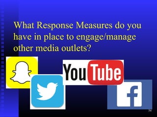 What Response Measures do you
have in place to engage/manage
other media outlets?
54
 