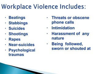 • Beatings
• Stabbings
• Suicides
• Shootings
• Rapes
• Near-suicides
• Psychological
traumas
• Threats or obscene
phone calls
• Intimidation
• Harassment of any
nature
• Being followed,
sworn or shouted at
 