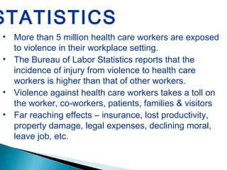 • More than 5 million health care workers are exposed
to violence in their workplace setting.
• The Bureau of Labor Statistics reports that the
incidence of injury from violence to health care
workers is higher than that of other workers.
• Violence against health care workers takes a toll on
the worker, co-workers, patients, families & visitors
• Far reaching effects – insurance, lost productivity,
property damage, legal expenses, declining moral,
leave job, etc.
STATISTICS
 
