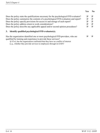 Tab E Chapter 4

Yes
Does the policy state the qualifications necessary for the psychological FFD evaluator?
Does the policy summarize the contents of a psychological FFD evaluation and report?
Does the policy specify provisions for access to and storage of each report?
Does the policy address return to work considerations?
Does the policy describe any applicable appeal and/or second opinion procedures?
3.

No

❏
❏
❏
❏
❏

❏
❏
❏
❏
❏

❏

❏

Identify qualified psychological FFD evaluator(s).

Has the organization identified one or more psychological FFD providers, who are
qualified by training and experience to provide these services?
❏ If so, has the organization confirmed that they have no conflict of interest
(e.g., whether they provide services to employees through its EAP)?

E-4 14

WVP 5/12 ©STP

 