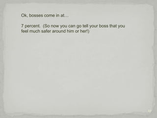12So, what is the “workplace?”  Well, that’s pretty easily answered; it’s any place where an employee does work.  Of course, that includes any off-site places where the employee goes to transact business – businesses, homes, inside or outside.  When you think about it, the workplace of a sheriff or deputy, for example, would be anywhere and everywhere he or she happens to be.  Don’t forget that the parking lot is also part of your workplace, as well as stairwells, elevators, and other places that would be more isolated than your regular work area.