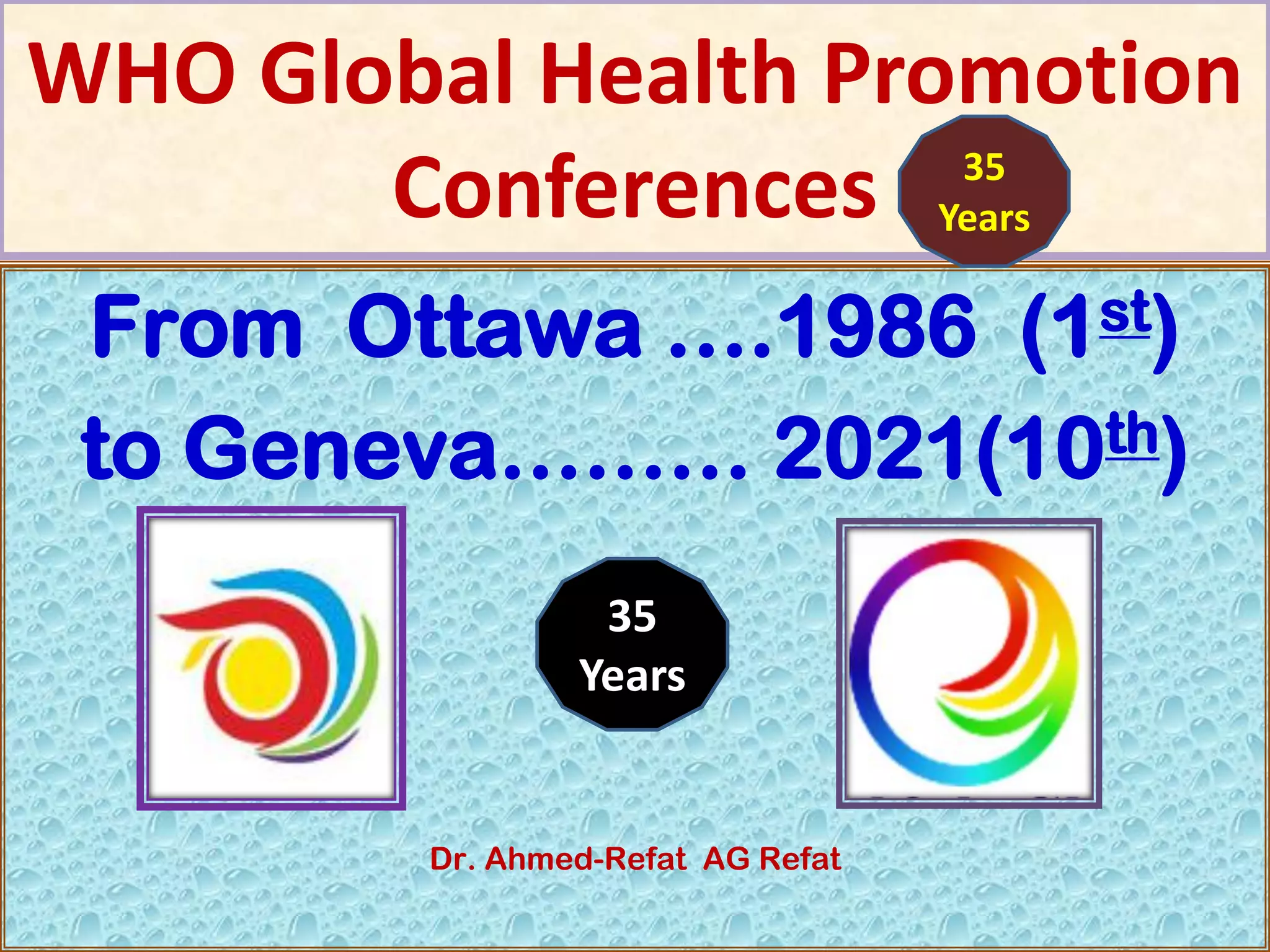 WHO Global Health Promotion
Conferences
Ahmed-Refat 2023 10
From Ottawa ….1986 (1st)
to Geneva……… 2021(10th)
Dr. Ahmed-Refat AG Refat
35
Years
35
Years
 