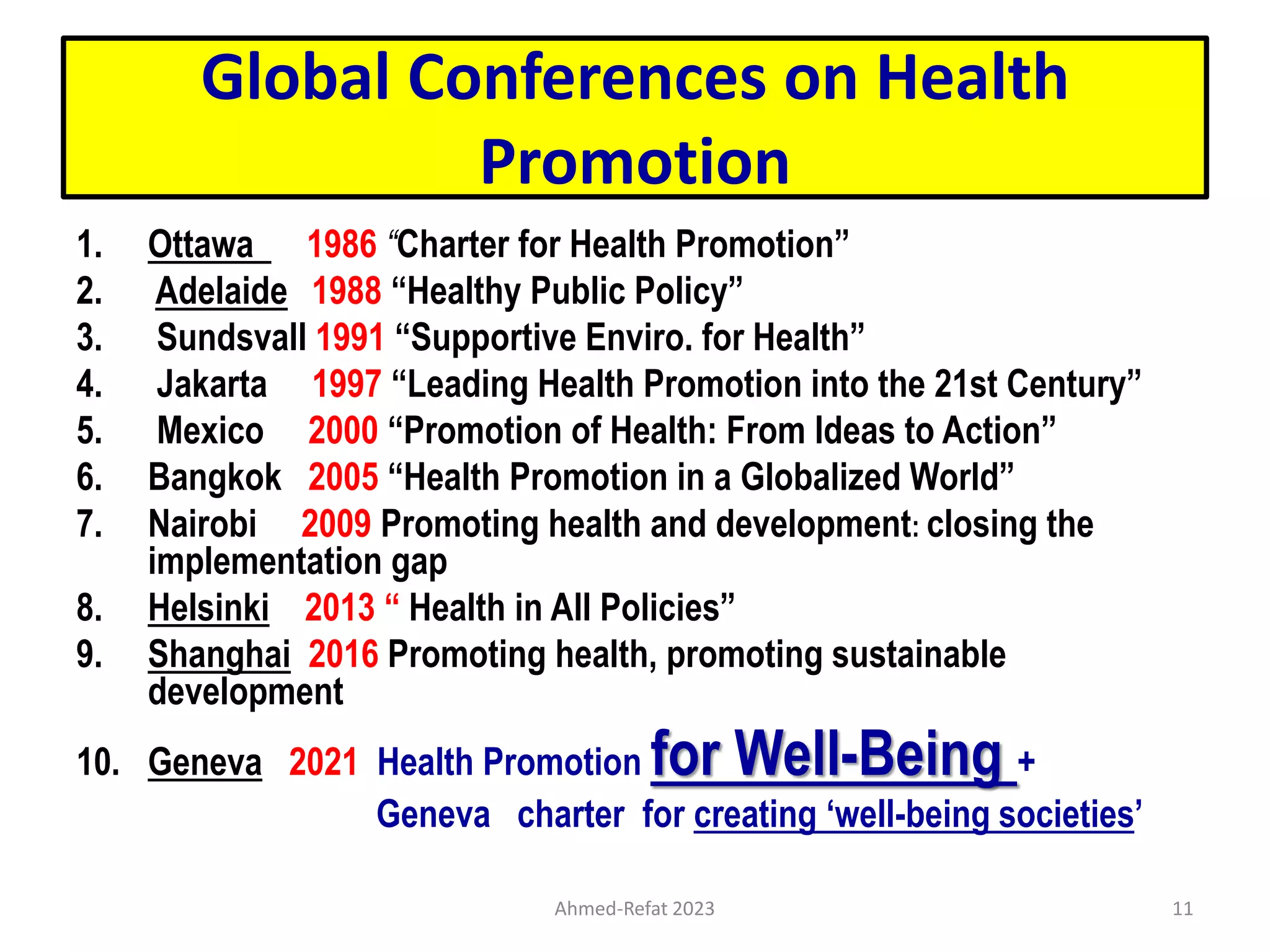Global Conferences on Health
Promotion
1. Ottawa 1986 “Charter for Health Promotion”
2. Adelaide 1988 “Healthy Public Policy”
3. Sundsvall 1991 “Supportive Enviro. for Health”
4. Jakarta 1997 “Leading Health Promotion into the 21st Century”
5. Mexico 2000 “Promotion of Health: From Ideas to Action”
6. Bangkok 2005 “Health Promotion in a Globalized World”
7. Nairobi 2009 Promoting health and development: closing the
implementation gap
8. Helsinki 2013 “ Health in All Policies”
9. Shanghai 2016 Promoting health, promoting sustainable
development
10. Geneva 2021 Health Promotion for Well-Being +
Geneva charter for creating „well-being societies‟
Ahmed-Refat 2023 11
 