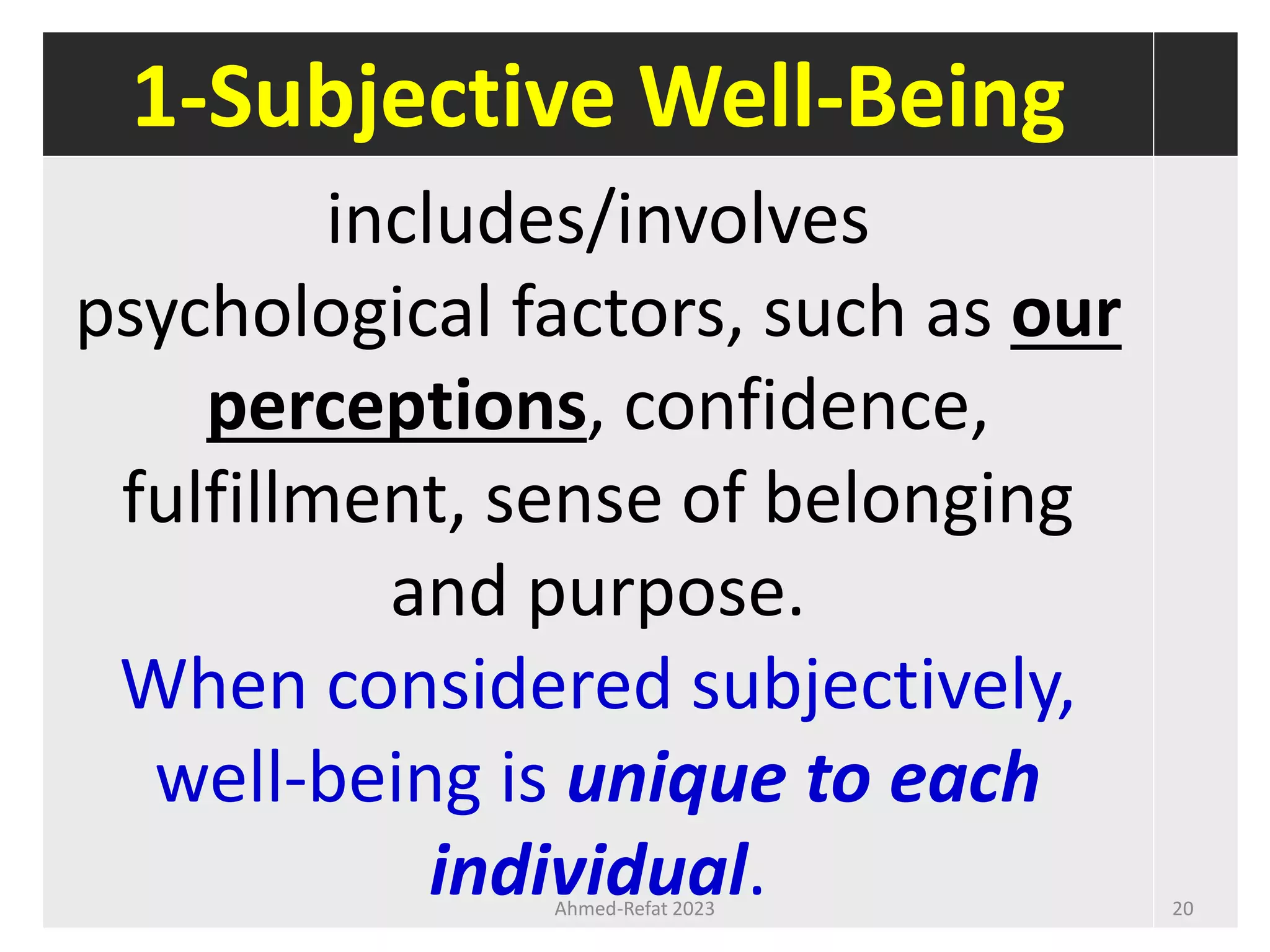 1-Subjective Well-Being
includes/involves
psychological factors, such as our
perceptions, confidence,
fulfillment, sense of belonging
and purpose.
When considered subjectively,
well-being is unique to each
individual.
Ahmed-Refat 2023 20
 