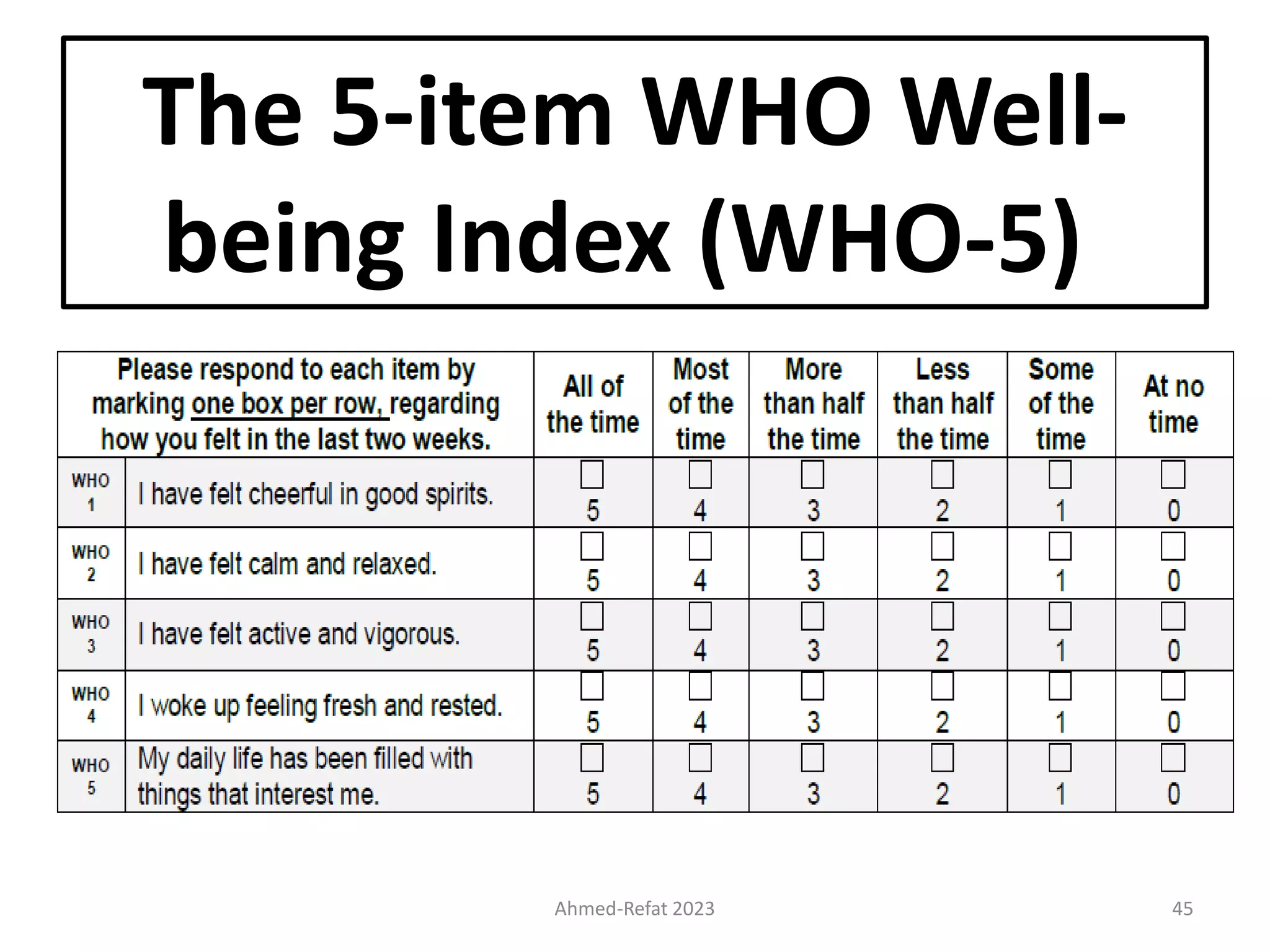 The 5-item WHO Well-
being Index (WHO-5)
Ahmed-Refat 2023 45
 