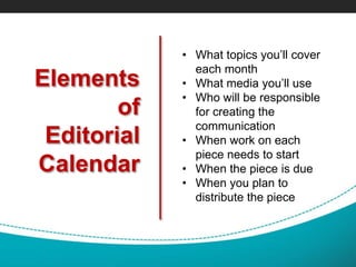 Elements
of
Editorial
Calendar
• What topics you’ll cover
each month
• What media you’ll use
• Who will be responsible
for creating the
communication
• When work on each
piece needs to start
• When the piece is due
• When you plan to
distribute the piece
 
