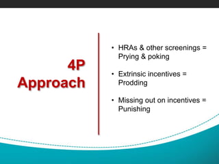 4P
Approach
• HRAs & other screenings =
Prying & poking
• Extrinsic incentives =
Prodding
• Missing out on incentives =
Punishing
 