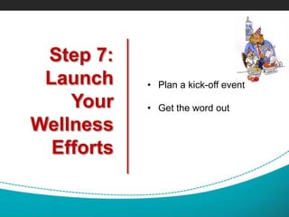 Step 7:
Launch
Your
Wellness
Efforts
• Plan a kick-off event
• Get the word out
 