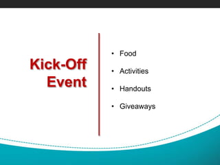 Kick-Off
Event
• Food
• Activities
• Handouts
• Giveaways
 