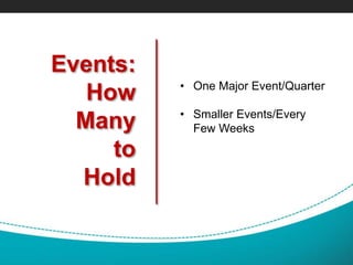 Events:
How
Many
to
Hold
• One Major Event/Quarter
• Smaller Events/Every
Few Weeks
 