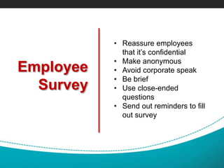 Employee
Survey
• Reassure employees
that it’s confidential
• Make anonymous
• Avoid corporate speak
• Be brief
• Use close-ended
questions
• Send out reminders to fill
out survey
 