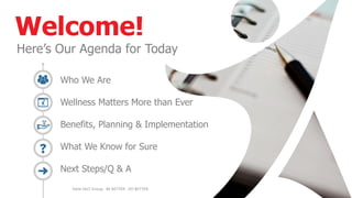 Welcome!
Here’s Our Agenda for Today
Who We Are
Wellness Matters More than Ever
Benefits, Planning & Implementation
What We Know for Sure
Next Steps/Q & A
Table SALT Group. BE BETTER. DO BETTER.
 