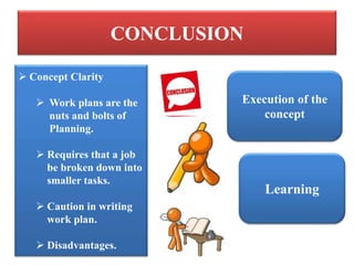 CONCLUSION
 Concept Clarity
 Work plans are the
nuts and bolts of
Planning.
 Requires that a job
be broken down into
smaller tasks.
 Caution in writing
work plan.
 Disadvantages.
Execution of the
concept
Learning
 