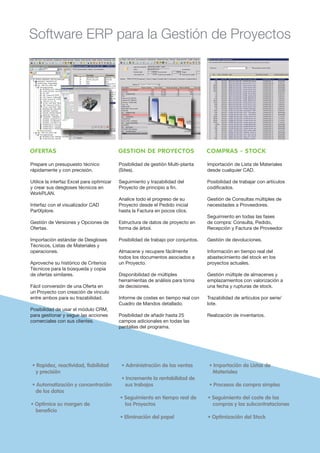 Software ERP para la Gestión de Proyectos
Prepare un presupuesto técnico
rápidamente y con precisión.
Utilice la interfaz Excel para optimizar
y crear sus desgloses técnicos en
WorkPLAN.
Interfaz con el visualizador CAD
PartXplore.
Gestión de Versiones y Opciones de
Ofertas.
Importación estándar de Desgloses
Técnicos, Listas de Materiales y
operaciones.
Aproveche su histórico de Criterios
Técnicos para la búsqueda y copia
de ofertas similares.
Fácil conversión de una Oferta en
un Proyecto con creación de vínculo
entre ambos para su trazabilidad.
Posibilidad de usar el módulo CRM,
para gestionar y seguir las acciones
comerciales con sus clientes.
Posibilidad de gestión Multi-planta
(Sites).
Seguimiento y trazabilidad del
Proyecto de principio a fin.
Analice todo el progreso de su
Proyecto desde el Pedido inicial
hasta la Factura en pocos clics.
Estructura de datos de proyecto en
forma de árbol.
Posibilidad de trabajo por conjuntos.
Almacene y recupere fácilmente
todos los documentos asociados a
un Proyecto.
Disponibilidad de múltiples
herramientas de análisis para toma
de decisiones.
Informe de costes en tiempo real con
Cuadro de Mandos detallado.
Posibilidad de añadir hasta 25
campos adicionales en todas las
pantallas del programa.
Importación de Lista de Materiales
desde cualquier CAD.
Posibilidad de trabajar con artículos
codificados.
Gestión de Consultas múltiples de
necesidades a Proveedores.
Seguimiento en todas las fases
de compra: Consulta, Pedido,
Recepción y Factura de Proveedor.
Gestión de devoluciones.
Información en tiempo real del
abastecimiento del stock en los
proyectos actuales.
Gestión múltiple de almacenes y
emplazamientos con valorización a
una fecha y rupturas de stock.
Trazabilidad de artículos por serie/
lote.
Realización de inventarios.
OFERTAS GESTION DE PROYECTOS COMPRAS - STOCK
• Rapidez, reactividad, fiabilidad
y precisión
• Automatización y concentración
de los datos
• Optimice su margen de
beneficio
• Administración de las ventas
• Incremente la rentabilidad de
sus trabajos
• Seguimiento en tiempo real de
los Proyectos
• Eliminación del papel
• Importación de Listas de
Materiales
• Procesos de compra simples
• Seguimiento del coste de las
compras y las subcontrataciones
• Optimización del Stock
 