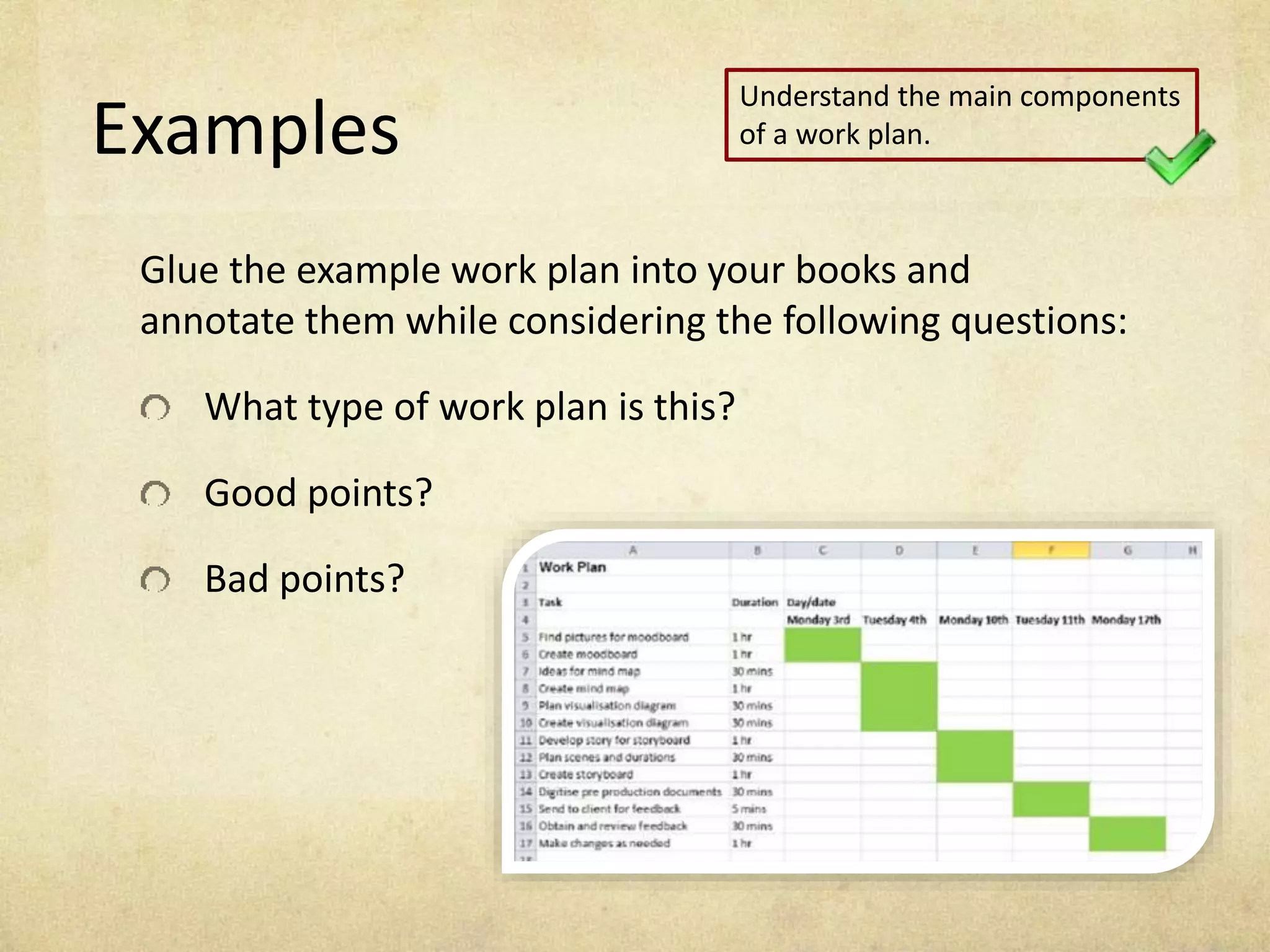 Examples
Glue the example work plan into your books and
annotate them while considering the following questions:
What type of work plan is this?
Good points?
Bad points?
Understand the main components
of a work plan.
 