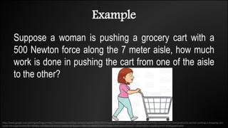 Example
Suppose a woman is pushing a grocery cart with a
500 Newton force along the 7 meter aisle, how much
work is done in pushing the cart from one of the aisle
to the other?
http://www.google.com.ph/imgres?imgurl=http://vectortoons.com/wp-content/uploads/2015/02/shopping-collection-sarah-004.jpg&imgrefurl=http://vectortoons.com/product/a-woman-pushing-a-shopping-cart-
inside-the-supermarket/&h=904&w=1024&tbnid=lU4J2cTaNdNsnM:&zoom=1&docid=i94W7CJRHFiiOM&ei=4IN1VbmxJ5H3oAT-v4OwCQ&tbm=isch&ved=0CC4QMygqMCo4ZA
 