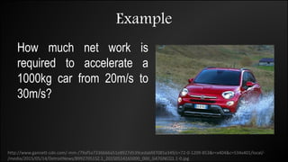 Example
How much net work is
required to accelerate a
1000kg car from 20m/s to
30m/s?
http://www.gannett-cdn.com/-mm-/79af5a7336b66a51e8927d539cedabfd7085a349/c=72-0-1209-853&r=x404&c=534x401/local/-
/media/2015/05/14/DetroitNews/B99270515Z.1_20150514165000_000_G47GNCQ1.1-0.jpg
 