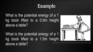 Example
What is the potential energy of a 1
kg book lifted to a 0.5m height
above a table?
What is the potential energy of a 1
kg book lifted to a 1.5m height
above a table? http://etc.usf.edu/clipart/63200/63282/63282_books_table_lg.gif
 
