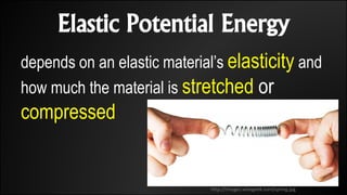 Elastic Potential Energy
depends on an elastic material’s elasticity and
how much the material is stretched or
compressed
http://images.wisegeek.com/spring.jpg
 