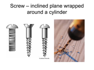 Screw – inclined plane wrapped
around a cylinder