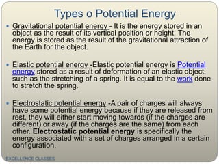 Types o Potential Energy
EXCELLENCE CLASSES
 Gravitational potential energy - It is the energy stored in an
object as the result of its vertical position or height. The
energy is stored as the result of the gravitational attraction of
the Earth for the object.
 Elastic potential energy -Elastic potential energy is Potential
energy stored as a result of deformation of an elastic object,
such as the stretching of a spring. It is equal to the work done
to stretch the spring.
 Electrostatic potential energy -A pair of charges will always
have some potential energy because if they are released from
rest, they will either start moving towards (if the charges are
different) or away (if the charges are the same) from each
other. Electrostatic potential energy is specifically the
energy associated with a set of charges arranged in a certain
configuration.
 