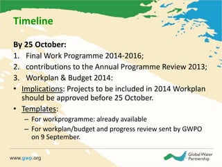 Timeline
By 25 October:
1. Final Work Programme 2014-2016;
2. contributions to the Annual Programme Review 2013;
3. Workplan & Budget 2014:
• Implications: Projects to be included in 2014 Workplan
should be approved before 25 October.
• Templates:
– For workprogramme: already available
– For workplan/budget and progress review sent by GWPO
on 9 September.
 