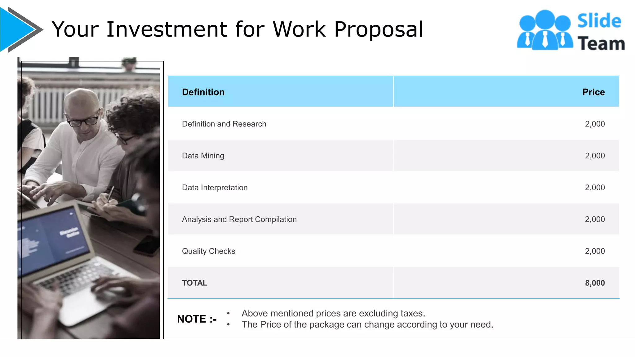 Your Investment for Work Proposal
7
Definition Price
Definition and Research 2,000
Data Mining 2,000
Data Interpretation 2,000
Analysis and Report Compilation 2,000
Quality Checks 2,000
TOTAL 8,000
NOTE :-
• Above mentioned prices are excluding taxes.
• The Price of the package can change according to your need.
 