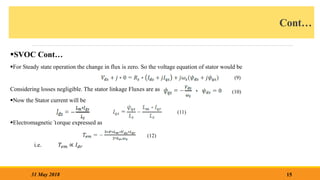Cont…
SVOC Cont…
For Steady state operation the change in flux is zero. So the voltage equation of stator would be
Considering losses negligible. The stator linkage Fluxes are as ,
Now the Stator current will be
Electromagnetic Torque expressed as
i.e. 𝑇𝑒𝑚 ∝ 𝐼𝑑𝑟
15
31 May 2018
(9)
(10)
(11)
(12)
 