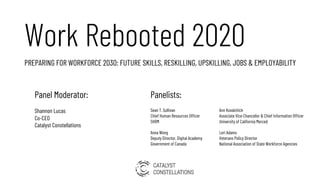 Work Rebooted 2020
PREPARING FOR WORKFORCE 2030: FUTURE SKILLS, RESKILLING, UPSKILLING, JOBS & EMPLOYABILITY
Sean T. Sullivan
Chief Human Resources Officer
SHRM
Anna Wong
Deputy Director, Digital Academy
Government of Canada
Ann Kovalchick
Associate Vice Chancellor & Chief Information Officer
University of California Merced
Lori Adams
Veterans Policy Director
National Association of State Workforce Agencies
Panel Moderator:
Shannon Lucas
Co-CEO
Catalyst Constellations
Panelists:
 