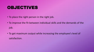OBJECTIVES
• To place the right person in the right job.
• To improve the fit between individual skills and the demands of the
job.
• To get maximum output while increasing the employee’s level of
satisfaction.
 