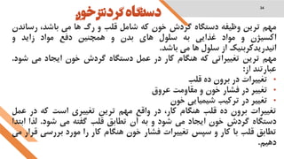 ‫خون‬‫گردش‬‫دستگاه‬
‫مهم‬‫ترین‬‫وظیفه‬‫دستگاه‬‫گردش‬‫خون‬‫که‬‫شامل‬‫قلب‬‫و‬‫رگ‬‫ها‬‫می‬،‫باشد‬‫رس‬‫اندن‬
‫اکسیژن‬‫و‬‫مواد‬‫غذایی‬‫به‬‫سلول‬‫های‬‫بدن‬‫و‬‫همچنین‬‫دفع‬‫مواد‬‫زاید‬‫و‬
‫انیدریدکربنیک‬‫از‬‫سلول‬‫ها‬‫می‬‫باشد‬.
‫مهم‬‫ترین‬‫تغییراتی‬‫که‬‫هنگام‬‫کار‬‫در‬‫عمل‬‫دستگاه‬‫گردش‬‫خون‬‫ایجاد‬‫می‬‫ش‬‫ود‬.
‫عبارتند‬‫از‬:
•‫تغییرات‬‫در‬‫برون‬‫ده‬‫قلب‬
•‫تغییر‬‫در‬‫فشار‬‫خون‬‫و‬‫مقاومت‬‫عروق‬
•‫تغییر‬‫در‬‫ترکیب‬‫شیمیایی‬‫خون‬
‫تغییرات‬‫برون‬‫ده‬‫قلب‬‫هنگام‬،‫کار‬‫در‬‫واقع‬‫مهم‬‫ترین‬‫تغییری‬‫است‬‫که‬‫در‬‫ع‬‫مل‬
‫دستگاه‬‫گردش‬‫خون‬‫ایجاد‬‫می‬‫شود‬‫و‬‫به‬‫آن‬‫تطابق‬‫قلب‬‫گفته‬‫می‬‫شود‬.‫لذ‬‫ا‬‫ابتدا‬
‫تطابق‬‫قلب‬‫با‬‫کار‬‫و‬‫سپس‬‫تغییرات‬‫فشار‬‫خون‬‫هنگام‬‫کار‬‫را‬‫مورد‬‫بررسی‬‫قرار‬‫می‬
‫دهیم‬.
34
 