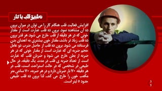 ‫کار‬‫با‬‫قلب‬‫تطبیق‬
‫افزايش‬‫فعاليت‬‫قلب‬‫هنگام‬‫كار‬‫را‬‫مي‬‫توان‬‫در‬‫ميزا‬‫ن‬‫برون‬
‫ده‬‫آن‬‫مشاهده‬‫نمود‬.‫برون‬‫ده‬‫قلب‬‫عبارت‬‫است‬‫از‬‫مقدار‬
‫خوني‬‫كه‬‫در‬‫هر‬‫دقيقه‬‫از‬‫قلب‬‫خارج‬‫مي‬‫شود‬.‫هر‬‫قدر‬‫بر‬‫ون‬
‫ده‬‫قلب‬‫زياد‬‫تر‬،‫باشد‬‫مقدار‬‫خون‬‫بيشتري‬‫به‬‫اعض‬‫اي‬‫بدن‬
‫فرستاده‬‫مي‬‫شود‬.‫برون‬‫ده‬‫قلب‬‫از‬‫حاصل‬‫ضرب‬‫دو‬‫ع‬‫امل‬
‫حجم‬‫ضربه‬‫اي‬‫كه‬‫عبارت‬‫است‬‫از‬‫مقدار‬‫خوني‬‫كه‬‫در‬‫هر‬
‫ضربه‬‫از‬‫بطن‬‫خارج‬‫مي‬‫شود‬‫و‬‫ضربان‬‫قلب‬‫كه‬‫عبار‬‫ت‬
‫است‬‫از‬‫تعداد‬‫ضربه‬‫ي‬‫قلب‬‫در‬‫مدت‬‫يك‬‫دقيقه‬.‫در‬‫ح‬‫ال‬
‫طبيعي‬‫در‬‫شخصي‬‫كه‬‫در‬‫حالت‬‫استراحت‬،‫است‬‫قل‬‫ب‬‫در‬
‫هر‬‫دقيقه‬70‫بار‬‫ضربان‬‫دارد‬‫و‬‫در‬‫هر‬،‫ضربه‬70‫سانتي‬‫متر‬
‫مكعب‬‫خون‬‫را‬‫خارج‬‫مي‬‫كند‬..‫لذا‬‫برون‬‫ده‬‫قلب‬‫طبيع‬‫ي‬
‫حدود‬5‫ليتر‬‫است‬. 3
5
 