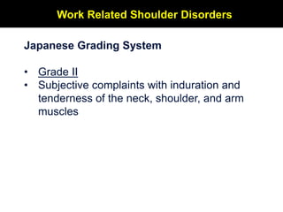 Japanese Grading System
• Grade II
• Subjective complaints with induration and
tenderness of the neck, shoulder, and arm
m...