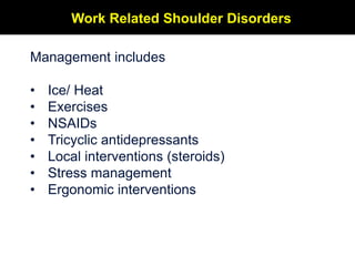 Management includes
• Ice/ Heat
• Exercises
• NSAIDs
• Tricyclic antidepressants
• Local interventions (steroids)
• Stress...