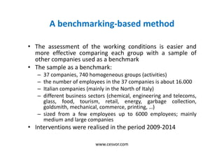 A benchmarking-based method
• The assessment of the working conditions is easier and
more effective comparing each group with a sample of
other companies used as a benchmark
• The sample as a benchmark:
– 37 companies, 740 homogeneous groups (activities)
– the number of employees in the 37 companies is about 16.000
– Italian companies (mainly in the North of Italy)
– different business sectors (chemical, engineering and telecoms,
glass, food, tourism, retail, energy, garbage collection,
goldsmith, mechanical, commerce, printing, …)
– sized from a few employees up to 6000 employees; mainly
medium and large companies
• Interventions were realised in the period 2009-2014
www.cesvor.com
 
