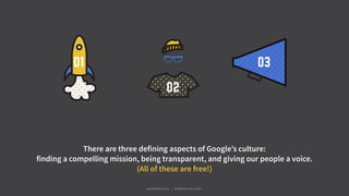 03
02
01
There are three defining aspects of Google’s culture:
finding a compelling mission, being transparent, and giving our people a voice.
(All of these are free!)
#WORKRULES | WORKRULES.NET
 
