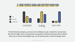 To find the best people, you have to be willing to wait. A bad hire can be toxic.
Set the bar high, never compromise on quality, and find someone who is better
than you in some meaningful way. You’ll end up with a much stronger team.
#WORKRULES | WORKRULES.NET
 