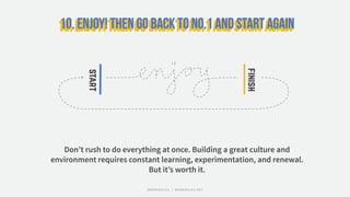 start
finish
Don’t rush to do everything at once. Building a great culture and
environment requires constant learning, exp...