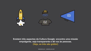 03
02
01
Existem três aspectos da Cultura Google: encontre uma missão
empolgante, seja transparente e dê voz às pessoas.
(Veja, os três são grátis!)
#WORKRULES | WORKRULES.NET
 